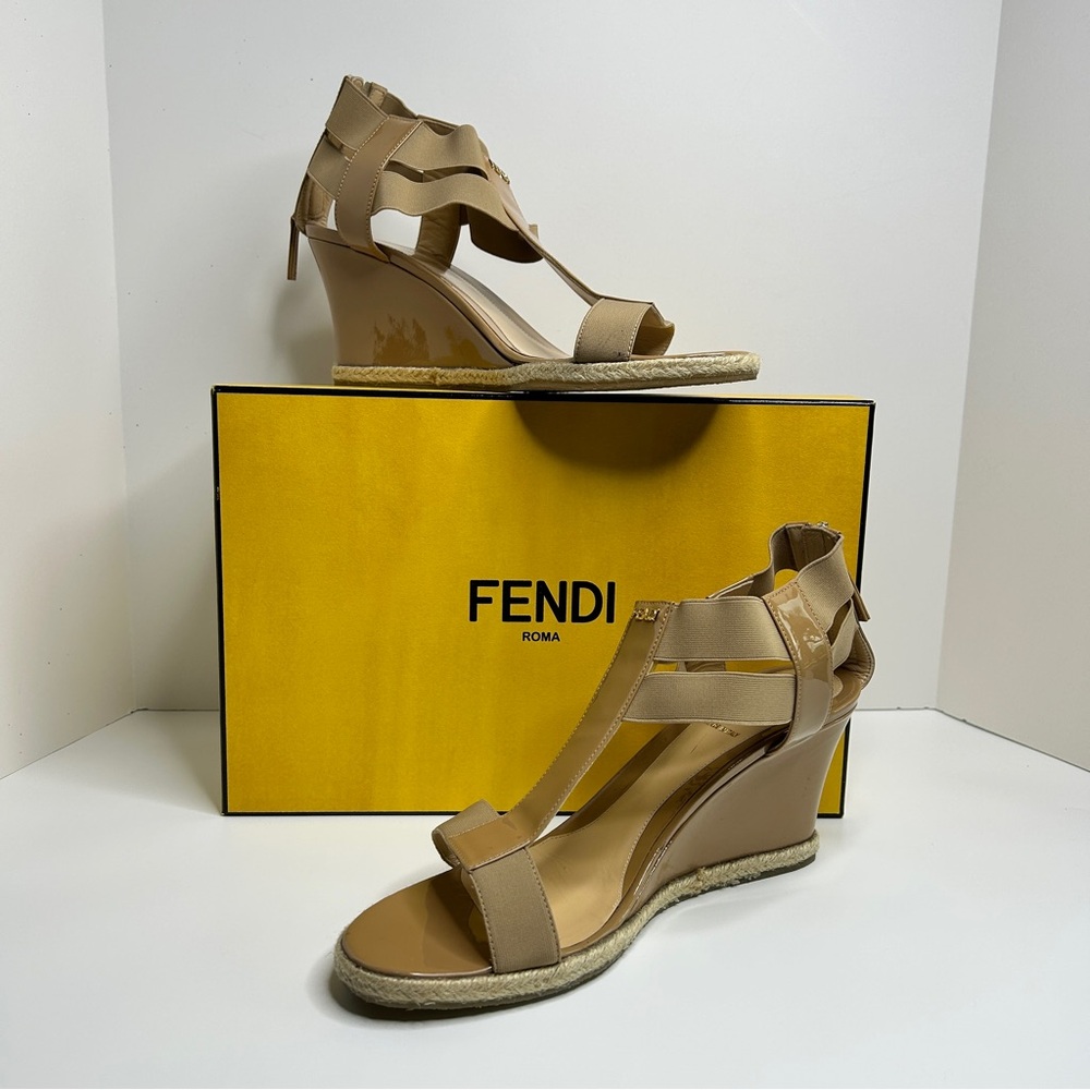 FENDI Beige Patent Leather and Elastic T-Strap Espadrille Wedge Sandals Sz 41